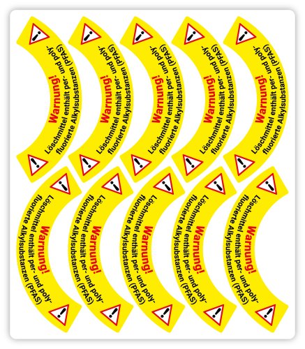 Etikett „Warnung! Löschmittel enthält per- und polyfluorierte Alkylsubstanzen (PFAS)“ für Feuerlöscher, Sticker | Größe: ca. 13x3 cm